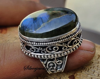 Anillo de labradorita natural, anillo de plata 925, anillo hecho a mano, anillo de piedra preciosa, anillo boho, anillo de diseñador, anillo hermoso, anillo de banda, joyería de plata