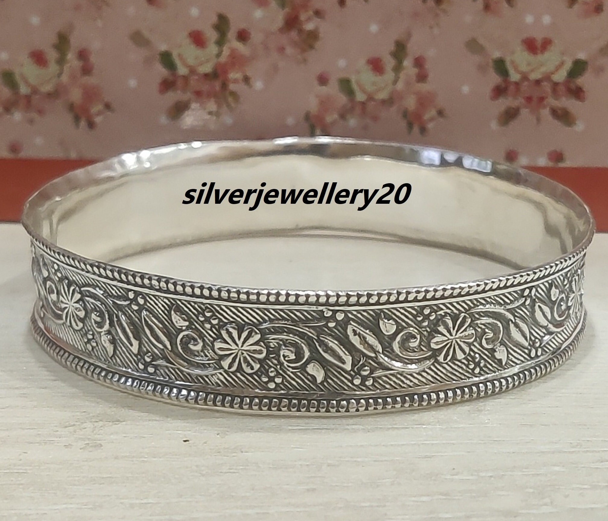 Sterling Silver Flower Bangle, , Stackable Bangle, Silver