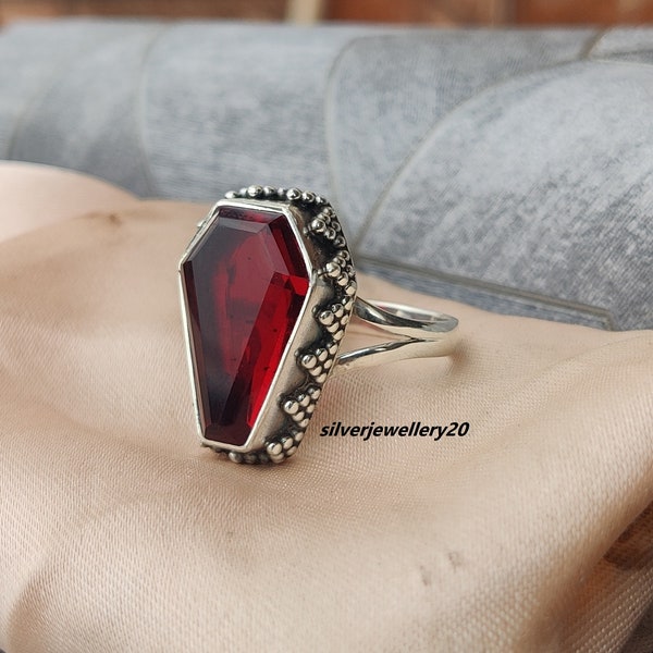 garnet Coffin Ring, Handmade Ring, Solid 925 Sterling Silver Ring, Coffin Ring, Women Ring, Gift For Her Ring, Boho Ring **