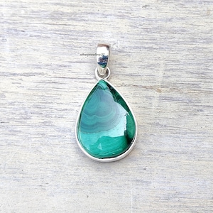 Handmade Pear Malachite Pendant, 925 Sterling Silver