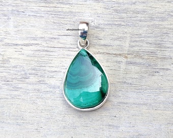 Handmade Pear Malachite Pendant, 925 Sterling Silver