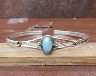 Handmade Larimar Cuff Bracelet, 925 Sterling Silver Bangle