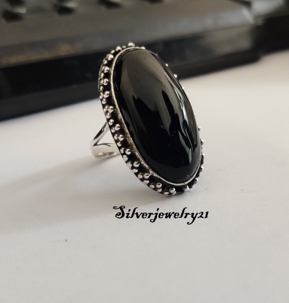 Sterling Silver Large Black Onyx Ring Beaded Edge Sterling Silver Large Black Onyx Ring Beaded Edge