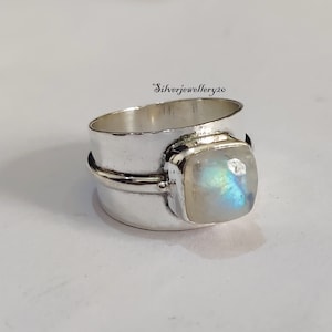 Natural Moonstone 925 Sterling Silver Ring, Wide Band Boho Ring