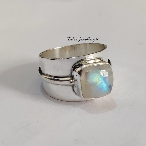 Bague en pierre de lune naturelle, bague en argent sterling 925, bague faite main, bague avec pierres précieuses, bague tendance bohème, bague large, bague d'anniversaire ***