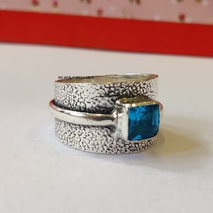 Sky Blue Topaz Ring, Wide Band Ring, Hammered Ring, Faceted Blue Topaz Ring, Blue Topaz Wedding Ring, hammered Band Sterling Silver Ring.