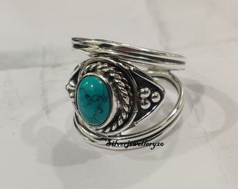 Boho Turquoise Ring, 925 Sterling Silver Band, Gemstone Ring