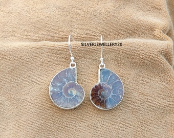 Handmade Ammonite Fossil Earrings, 925 Sterling Silver