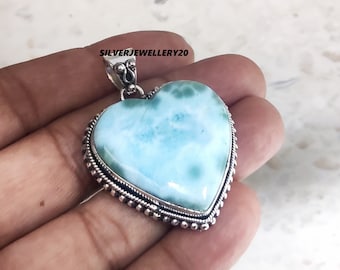 Colgante de corazón de larimar azul, plata de ley 925, joyería hecha a mano
