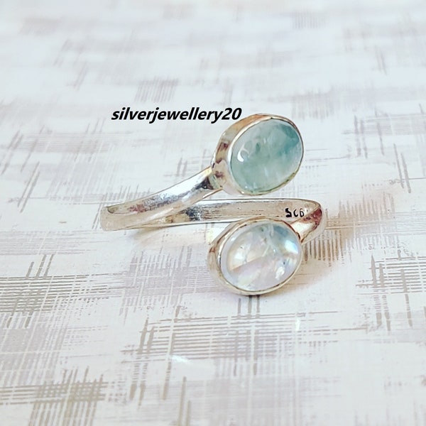 Natural Aquamarine Ring, Sterling Silver Ring, Double Stone Ring, Adjustable Ring, Handmade Ring, Gift for mom , Gift For Her.