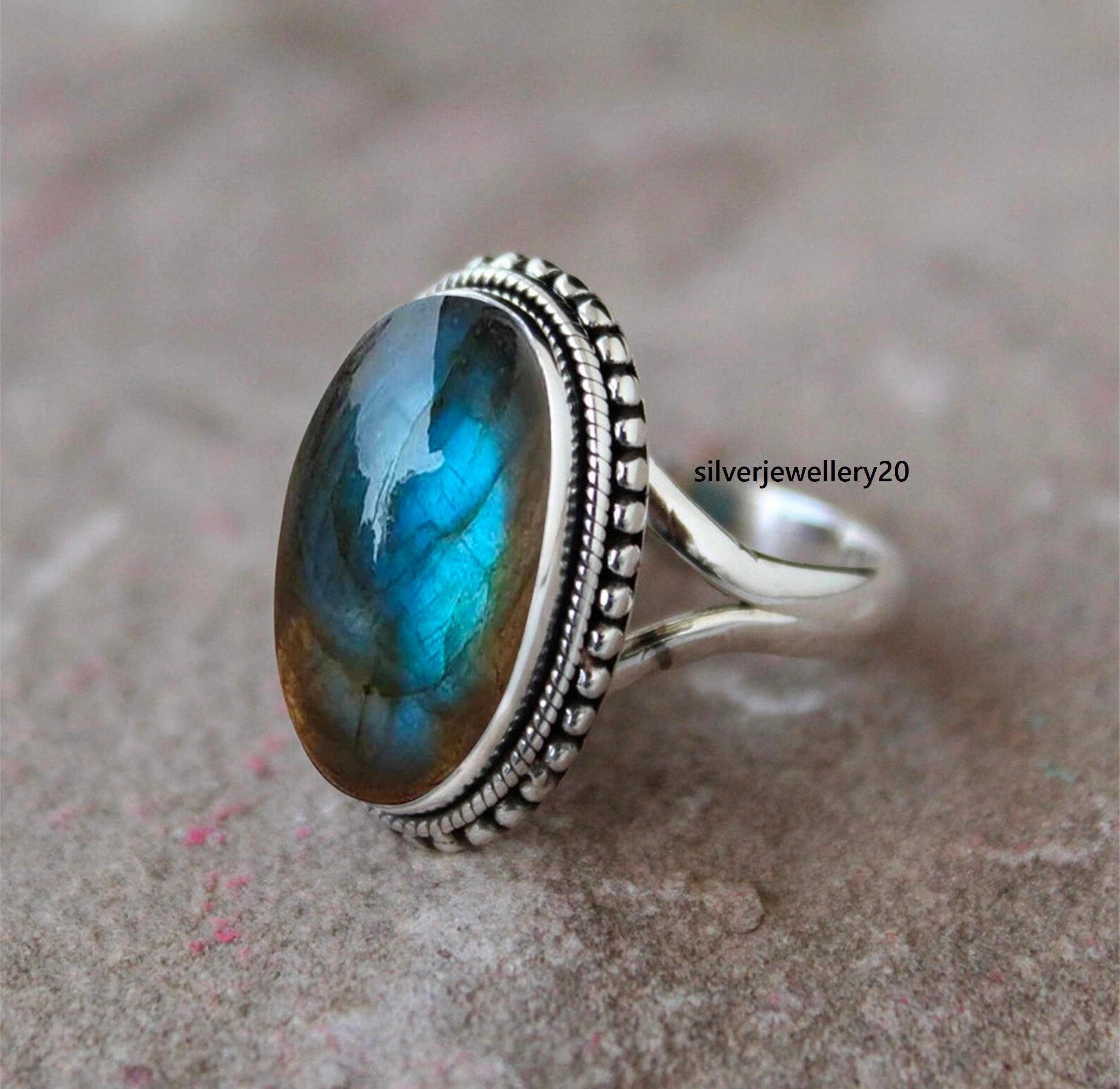 Natural Labradorite 925 Sterling Silver Ring, Handmade Bezel