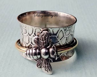 Honigbienen-Ring, 925 Sterling Silber Ring, Angstring, Sorgenring, Meditationsring, Messingspinner, schöner Ring, Frauenring, Geschenkring