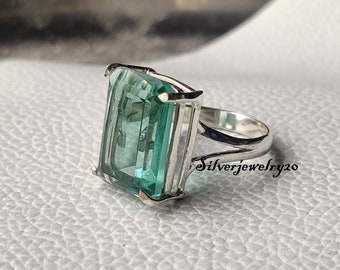 Aquamarin-Ring, Bandring, 925 Sterling Silber, gehämmerter Ring, Damenring, Silberschmuck, Versprechensring, Boho-Ring, beliebter Ring***