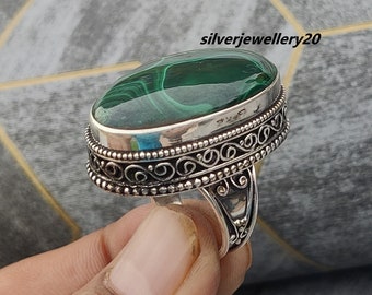 Bague en malachite naturelle, bague en pierres précieuses, bague en argent 925, bague à porter au quotidien, bague en malachite, bague pour femme, bague en grosses pierres.