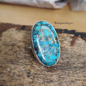 Oyster Copper Turquoise Ring , 925 Sterling Silver Ring , Wedding Ring , Promise Ring , Gift for Women , Silver Jewelry, Gift for her Blue CopperTurquoise