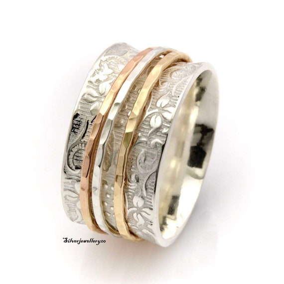 Spin Ring with Three Gold Spinning Bands Hammered Antiqued Sterling Silver Spin Ring with Three Gold Spinning Bands Hammered Antiqued Sterling Silver