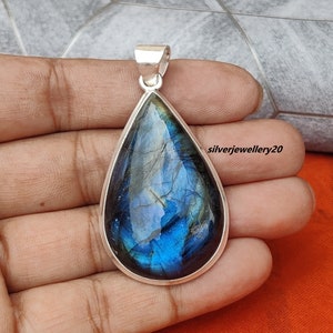 Blue Flash Labradorite Pendant Necklace, Pear Sterling Silver Jewelry