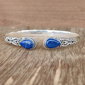 925 Sterling Silver Lapis Lazuli Bangle Cuff Bracelet Gemstone Jewelry Adjustable Cuff Bracelet Handmade Unique Style Bangle Gift For mom **