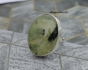 Handmade Oval Prehnite Ring, 925 Sterling Silver, Boho Jewelry