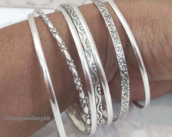 Handmade 925 Sterling Silver Bangle Set, Stackable Silver Bangles