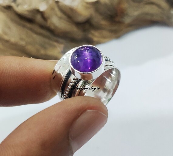 Bague En Argent Sterling 925 Avec Améthyste Taillée Violette - Bijou Fait Main Réglable - Neuf Sans Emballage