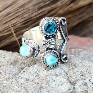 Handgemachte Sterling Silber Larimar & Blautopas Ring