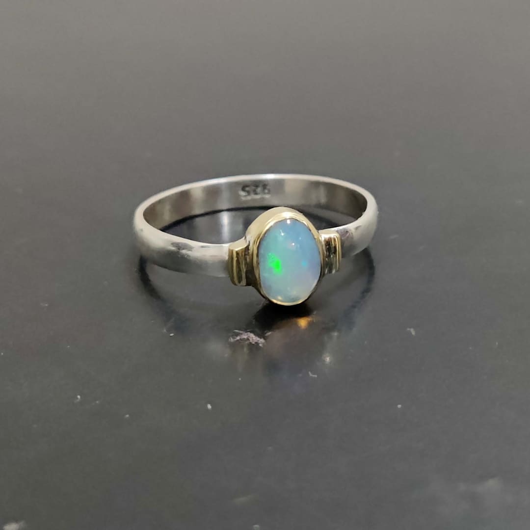 Bague Coeur Argent Sterling 925 - Opale Synthétique Blanche Et Diamants - Taille 8 - Fabriqué à La Main