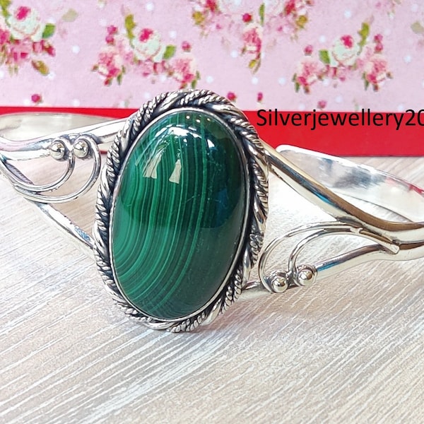 Malachite 925 Sterling Silver Bangle, Handmade Bangle , Green Malachite Bangle, Oval Shape Bangle, Woman Jewelry Gift Item.