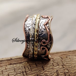Bague spinner en argent sterling, cuivre et laiton, bijoux Anxiety Fidget