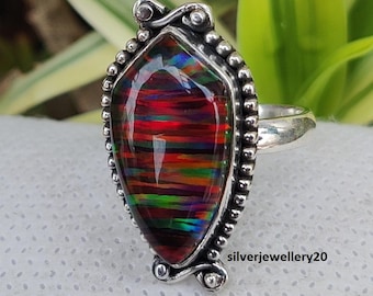 Anillo con gema de ópalo multicolor: plata de ley 925, pieza única vintage hecha a mano para mujer.