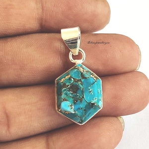 Natural Blue Copper Turquoise Pendant , 925 Sterling Silver Pendant , Designer Pendant , Gift for mon , Popular Pendant , Handmade Pendant *