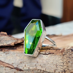Boho Peridot Ring Coffin Ring Natural Gemstone Ring 925 Silver Ring Statement Ring Gift For Women Peridot Coffin Ring August Birthstone.