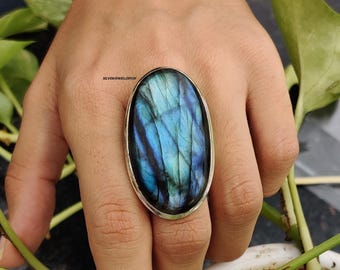 Handmade 925 Silver Labradorite Ring, Women's Boho Jewelry