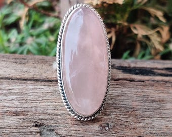 Large Rose Quartz Ring  925 Sterling Silver Statement Gemstone Jewelry modern gift for her