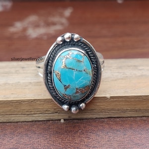 Hammered Blue Copper Turquoise 925 Sterling Silver Textured Band Ring For Women, Handmade Long Gemstone Rectangle Bar Ring Gift For Her***