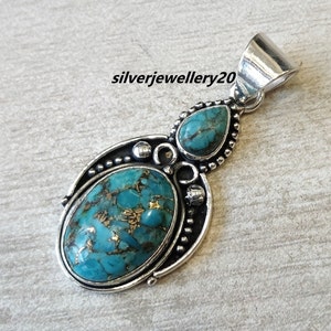 Blue Copper Turquoise Necklace - 925 Sterling Silver Pendant Necklace Wedding Designer Antiqued Silver Flower Pendant  Jewelry For Women.