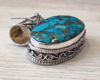 Blue Copper Turquoise Pendant, Gemstone Pendant, Blue Turquoise Pendant, 925 Silver Pendant, Anniversary Gift, Silver Chain Pendant, On Sale