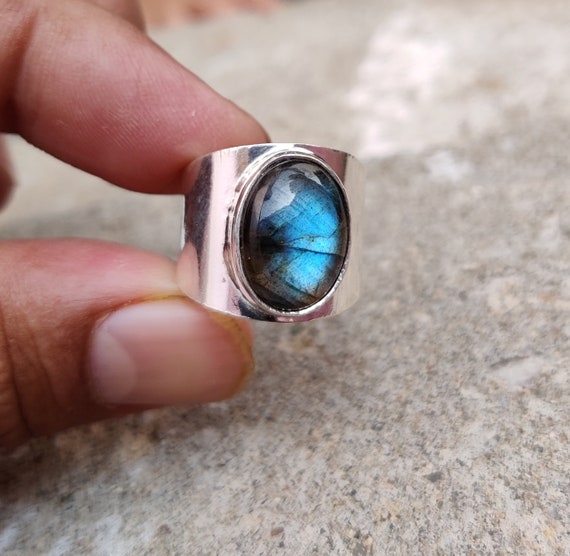 Labradorite Ring with Hammered Sterling Silver Band, Size 6 Labradorite Ring with Hammered Sterling Silver Band, Size 6