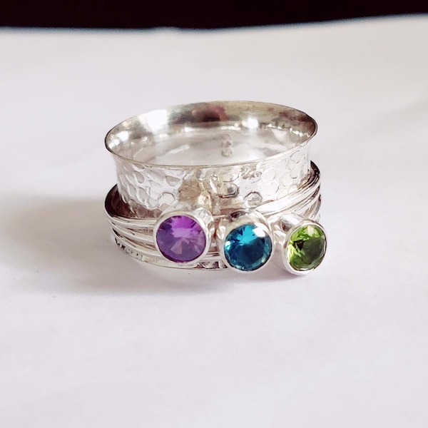 Amethyst Blue Topaz Peridot Ring, 925 Sterling Silver Handmade Spinner Ring
