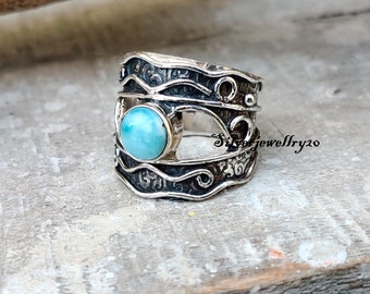 Natural Larimar Ring, 925 Sterling Silver Ring ,Silver Jewelry