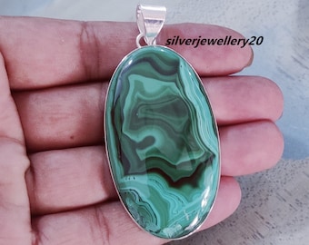Natural Green Malachite Sterling Silver Pendant Necklace - April