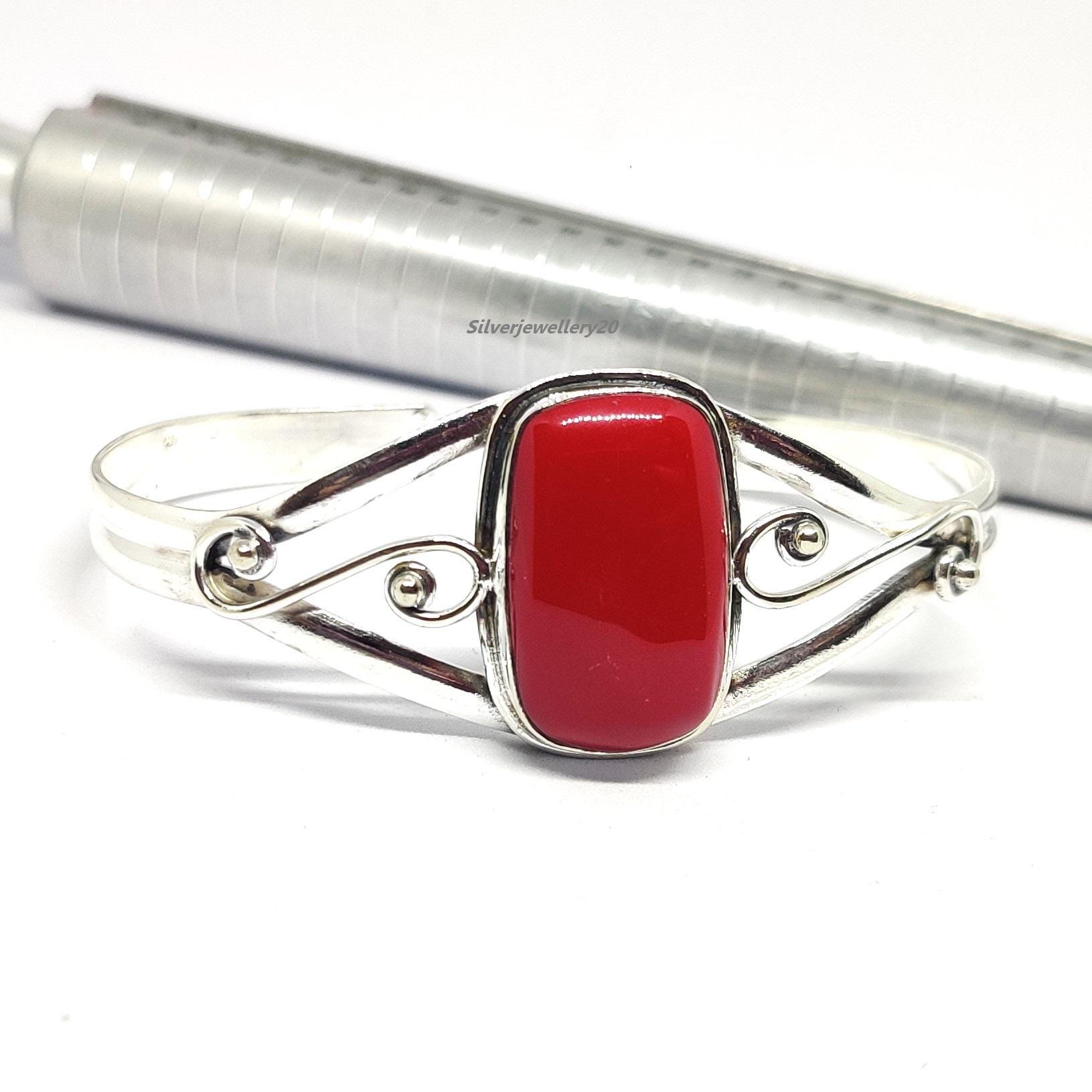 Handmade Red Coral Sterling Silver Cuff Bracelet - Adjustable Boho…