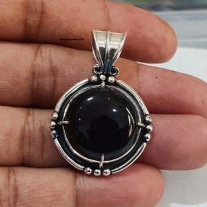 Black Onyx Pendant-925 Sterling Solid Silver Pendant-Cut Round Stone Pendant- Oyster Turquoise Pendant-Black Onyx Women Pendant ma09*