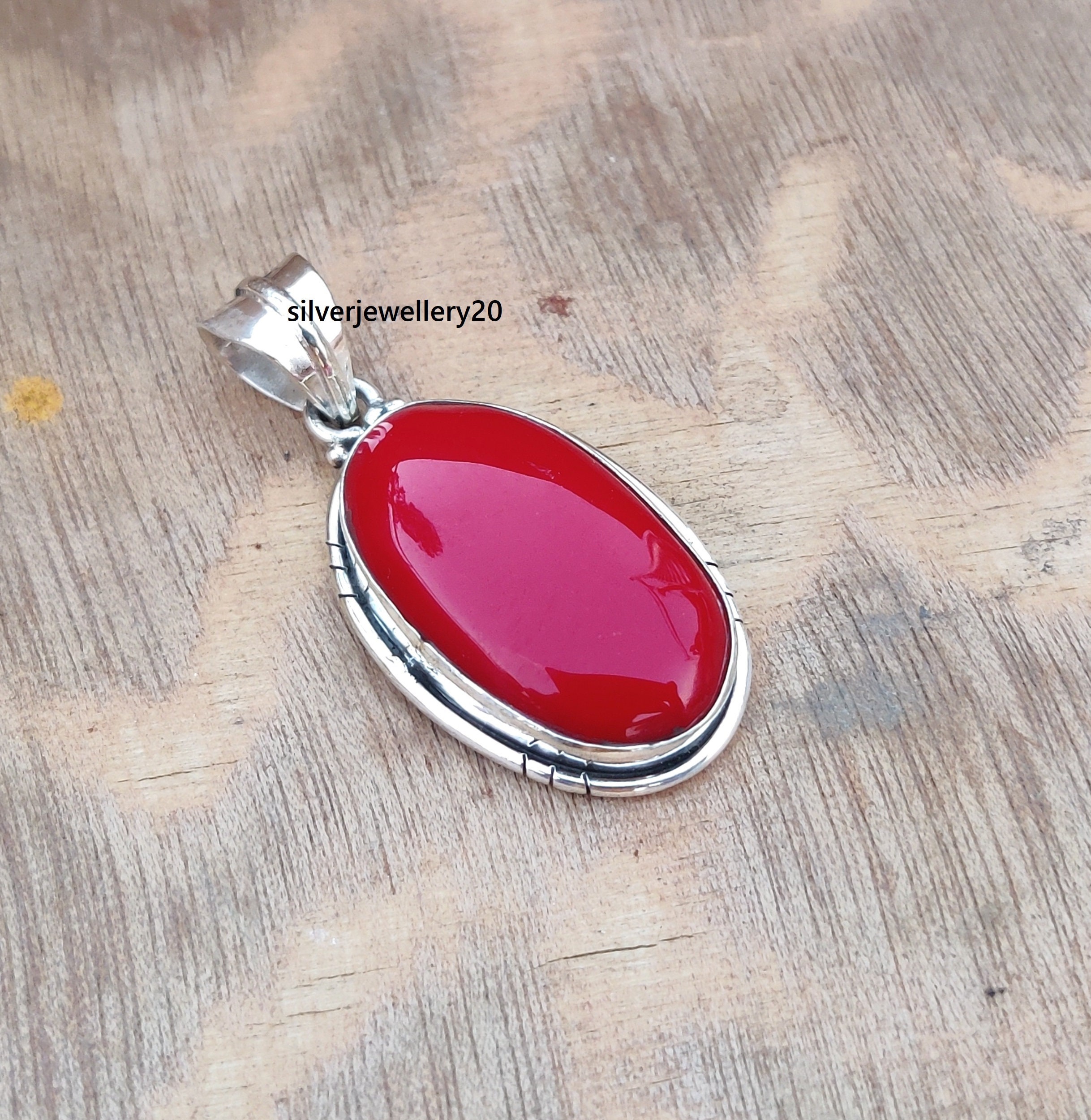 Red Coral Pendant Silver Necklace, Red Coral Gemstone