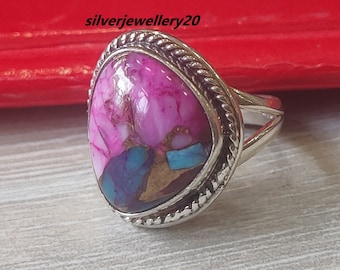 Pink Oyster Turquoise Ring- Multi Coloured Turquoise- Natural Pink Spiny Oyster- 925 Sterling Silver Ring- Handmade Ring- Gift for her.