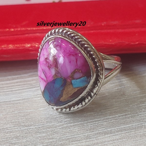 Pink Oyster Turquoise Ring- Multi Coloured Turquoise- Natural Pink Spiny Oyster- 925 Sterling Silver Ring- Handmade Ring- Gift for her.