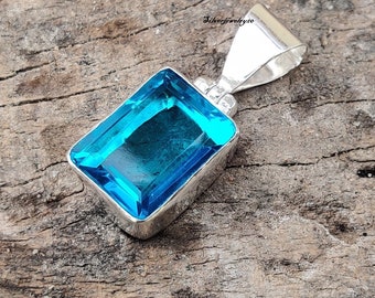 Faceted Blue Topaz Pendant, 925 Sterling Silver, Handmade