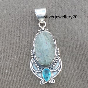 Raw Aquamarine and blue topaz , Pendant, 925 Sterling Silver Pendant ,Raw Stone Pendant, Uncut Raw Crystal Charm Pendant Necklace, Healing