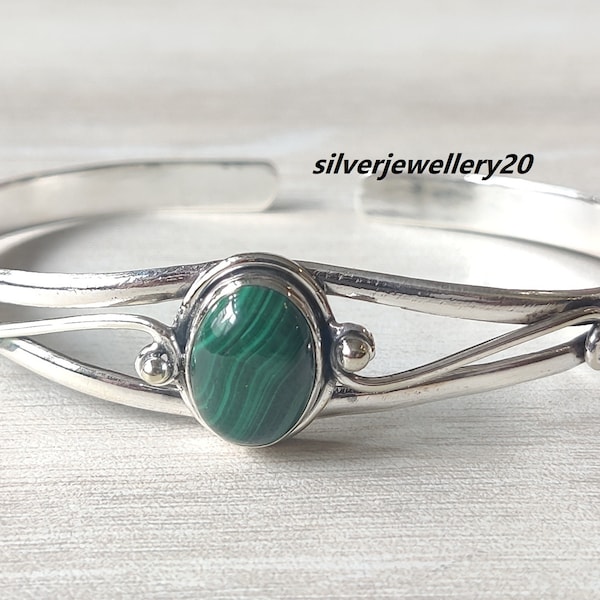 925 Sterling Silver Bangle, Handmade Bangle , Gemstone Bangle, Green Malachite Bangle, Oval Shape Bangle, Woman Jewelry Gift Item.