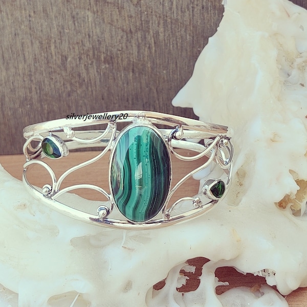 Malachite Bangle, Cuff Bangle, Gemstone Bangle, Green Malachite Silver Bangle, Ethnic Vintage Jewelry Bangle, 925 Sterling Silver Bangle***